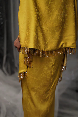 "Autumn Rhyme" Yellow Dark Pattern Cheongsam Shawl Bridal Wedding Dress Toast Dress - Yandan_Hanfu