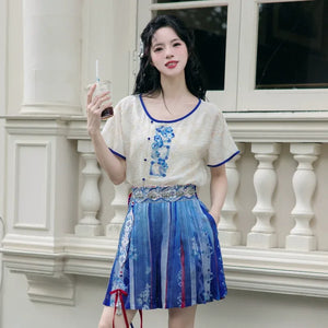 Moonlit Blossoms – Tang Dynasty Inspired Summer Hanfu with Embroidered Round Collar Top & Flowing Skirt - Yandan_Hanfu