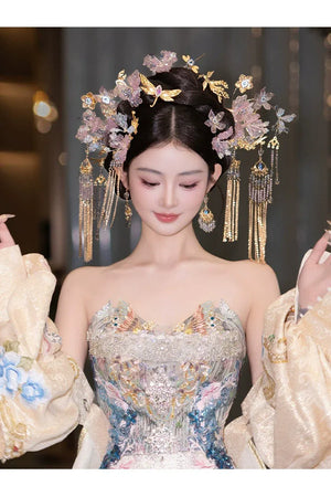 Light Toned Chinese Bridal Hairpin Set – Elegant Floral Headpiece for Hanfu, Qipao - Yandan_Hanfu