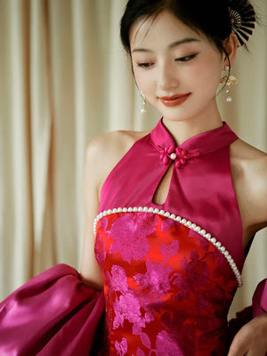 "Chuni" dragon fruit color jacquard cheongsam bride - Yandan_Hanfu
