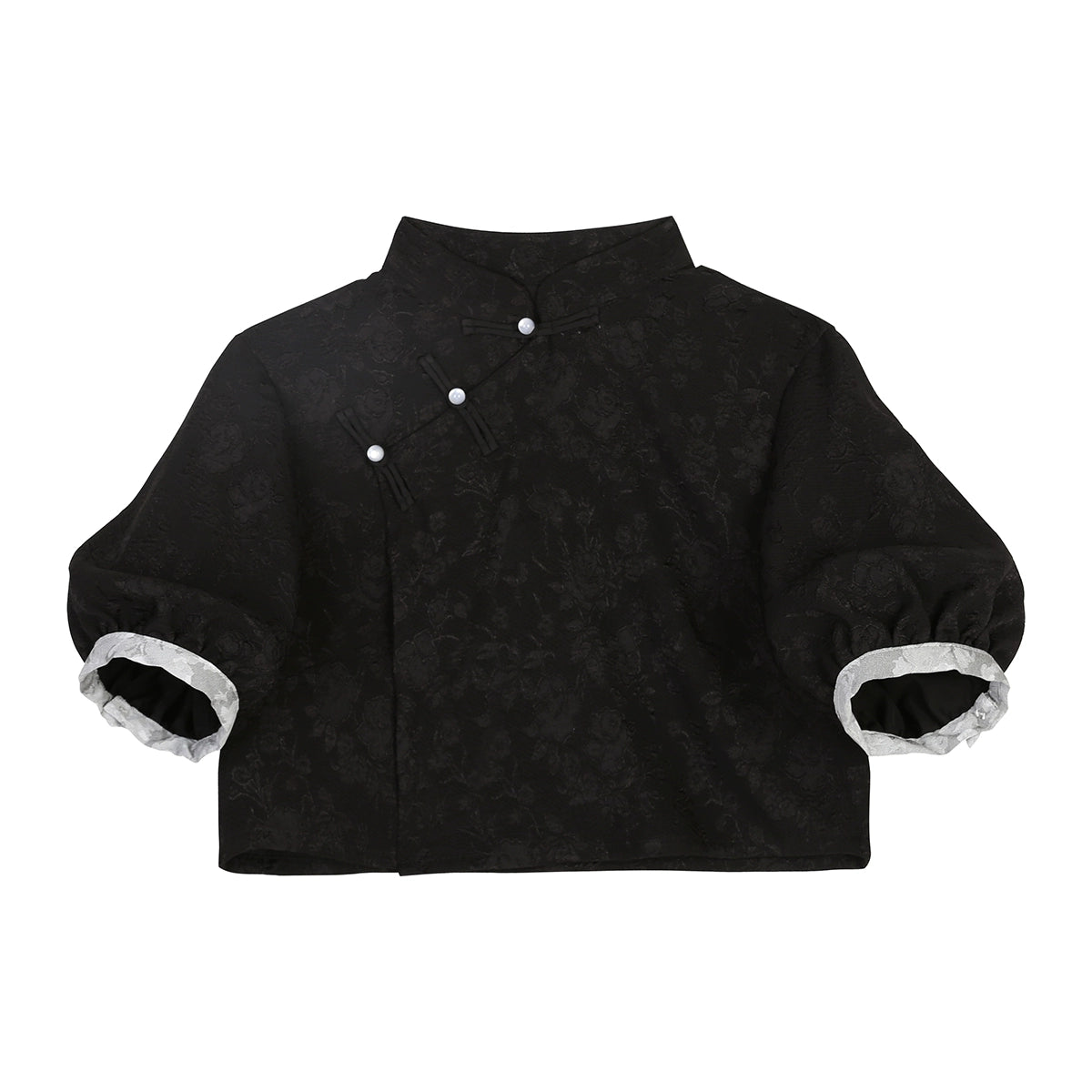 Black short-sleeve Chinese style top with floral jacquard texture, part of spring and summer modern Hanfu set.