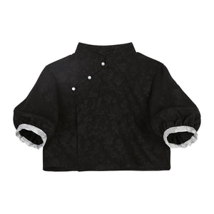 Black short-sleeve Chinese style top with floral jacquard texture, part of spring and summer modern Hanfu set.
