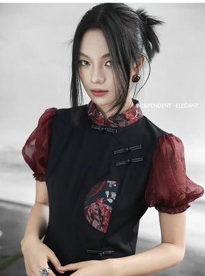 New Chinese style retro sweet and cool bubble sleeve jacquard contrasting color splicing skirt - Yandan_Hanfu