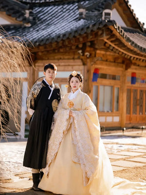 Couple Hanbok Wedding Outfit – Korean Palace Style Dress with Lace Detail for Summer Photoshoots - Yandan_Hanfu