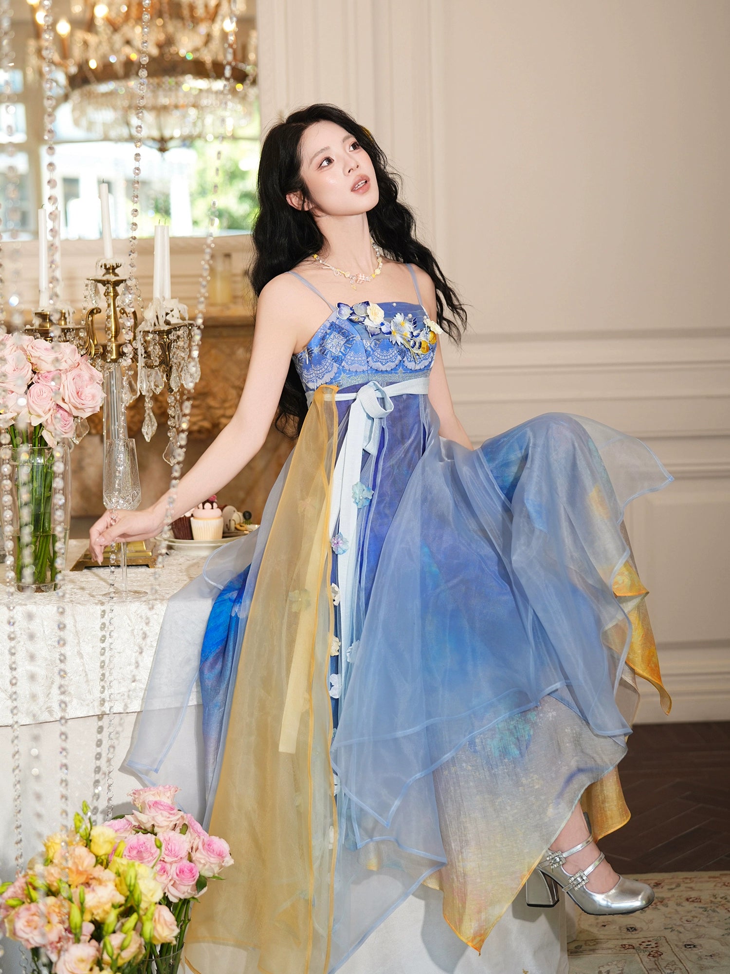 Star & Moon Platycodon – Elegant Qi-Xiong Modern Hanfu Dress with Spaghetti Straps & Embroidery