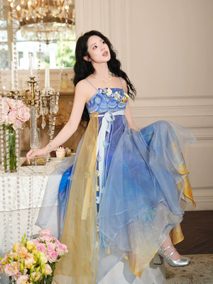 Star & Moon Platycodon – Elegant Qi-Xiong Modern Hanfu Dress with Spaghetti Straps & Embroidery - Yandan_Hanfu