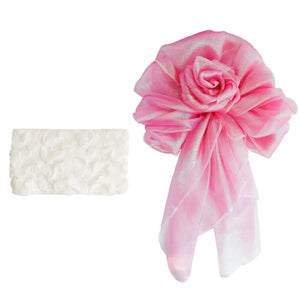 Pink Bing'er kimono belt set featuring a white ruffled waist seal and large rose-shaped bow, ideal for traditional Japanese fashion.