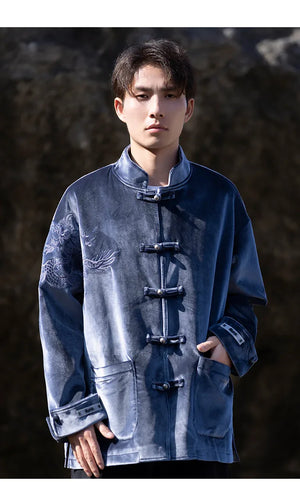 New Chinese Tang style men's button top autumn and winter coat golden velvet - Yandan_Hanfu