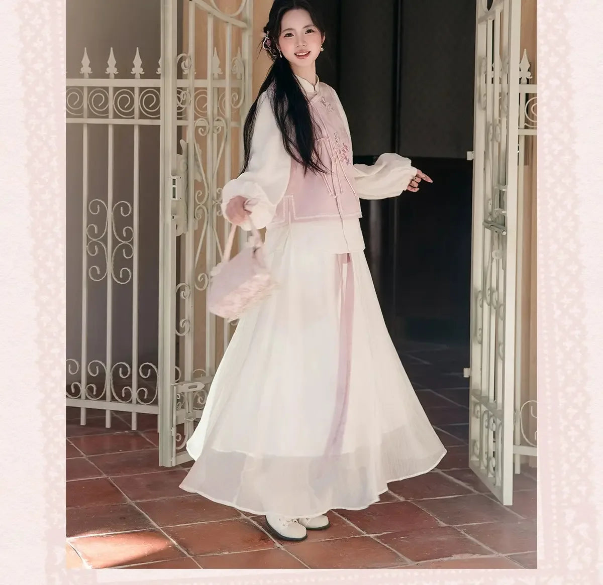 Silken Grace – Modern Hanfu Jacquard Dress Set | Stand-Collar Two-Piece Hanfu-Inspired Outfit with Midi Skirt - Yandan_Hanfu