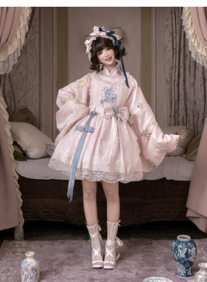 East-Meets-West Pink Two-Piece Set | Romance Embroidered Hanfu Blouse & Over Skirt - Yandan_Hanfu