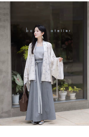 White Dew: Bamboo Shadows & Swallow Whispers – Jin-Style Hanfu Set | Tencel Pleated Robe with Rayon Camisole and Flowing Skirt - Yandan_Hanfu
