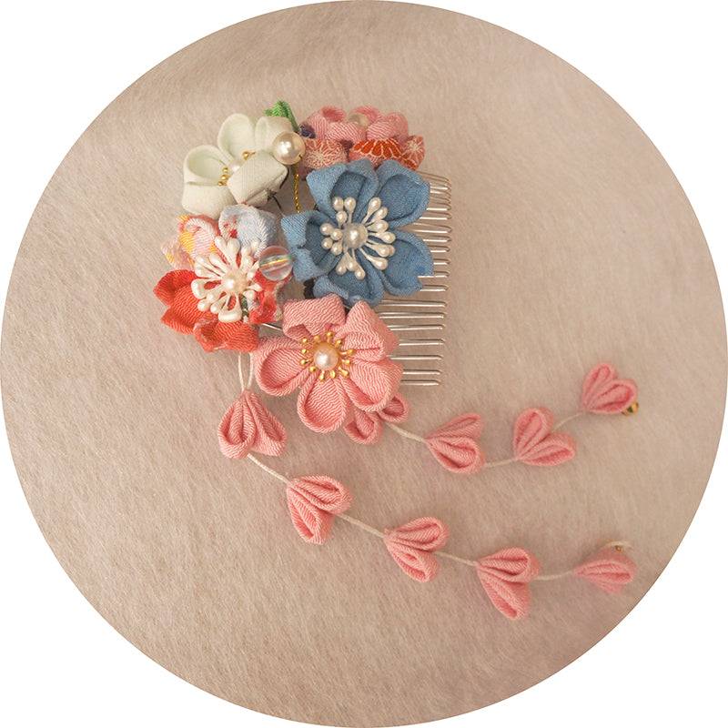 Japanese crepe hair accessories kimono Hanfu headgear with multicolor floral design and pink fringed comb, ideal for traditional styling.