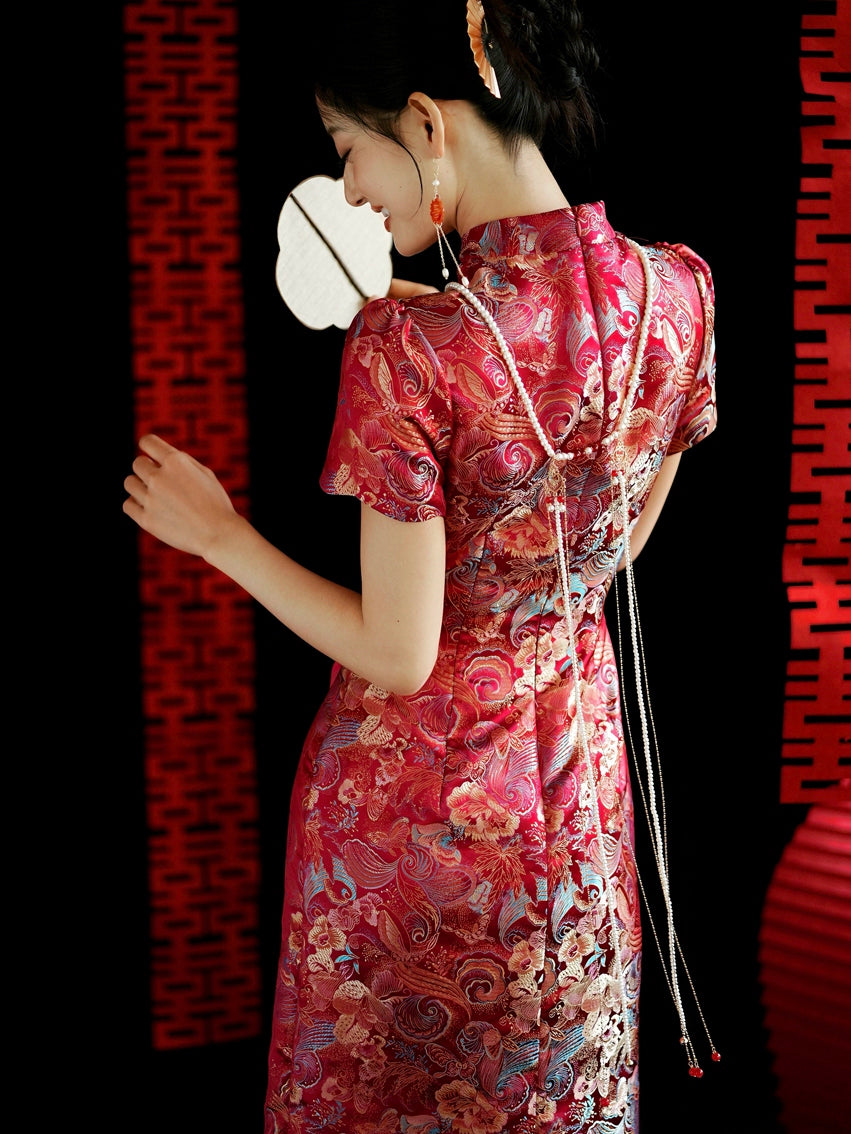 Yue Xi – Red Embroidered Jacquard Qipao for Wedding, Engagement & Tea Ceremony