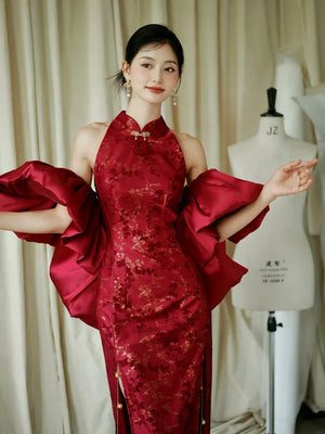 "Jubilee Bell" Red Cheongsam Shawl Bridal Toast Engagement Dress - Yandan_Hanfu