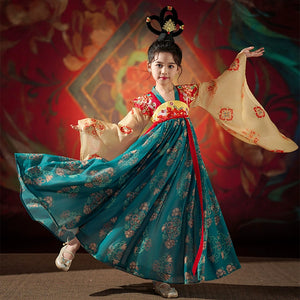 Girl dancing in traditional Dunhuang Hanfu with teal skirt and beige sleeves, ideal for cultural events and seasonal dress-up.