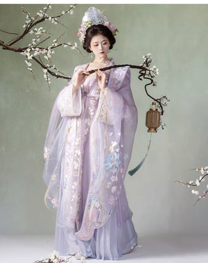 Purple Hanfu women's Song Dynasty embroidered big-sleeved shirt with sheer overlay and floral embroidery, holding a branch.