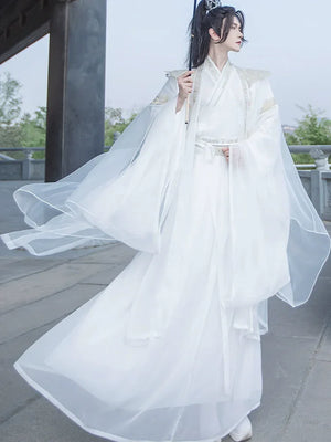 Cloud Collar Elegance – Unisex White Embroidered Modern Hanfu | Flowing Wide-Sleeve Wei-Jin Style Outfit - Yandan_Hanfu