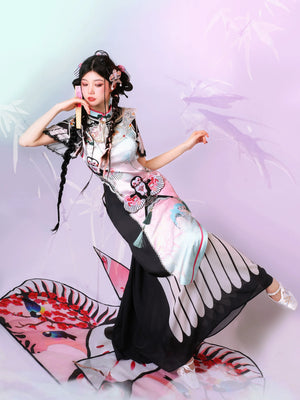 Blush Kite Qipao – Layered Faux Two-Piece Cheongsam in Modern Hanfu Style - Yandan_Hanfu