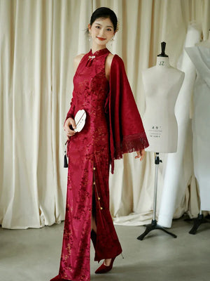 "Jubilee Bell" Red Cheongsam Shawl Bridal Toast Engagement Dress - Yandan_Hanfu