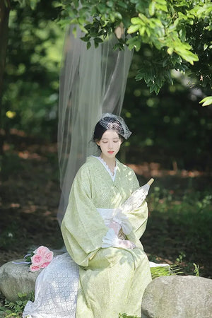 High-end lace Taisho Roman style modified kimono retro dress avocado green - Yandan_Hanfu