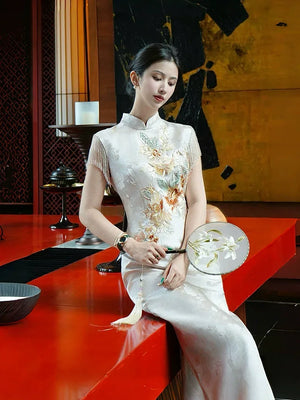 Golden Tang Ode – Luxury Modern Cheongsam | Artisanal Brocade & Couture Detailing - Yandan_Hanfu