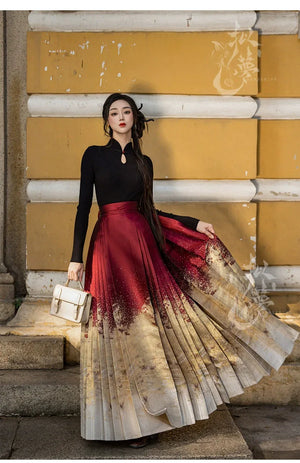 Lunar Spring River – Red Hanfu Maxi Skirt Set, New Chinese Style 6-Meter Hem Mamian Skirt with Knit Top & Wool Coat - Yandan_Hanfu