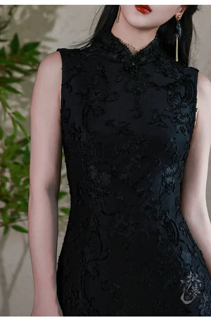 Silent Fragrance – Velvet Beaded Sleeveless Floor-Length Qipao with New Chinese Style Blazer - Yandan_Hanfu