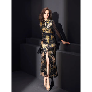 Ukiyo-e painted tiger pattern jacquard soft satin, retro split-ended cheongsam - Yandan_Hanfu