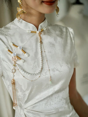 "Kite Butterfly" White Jacquard Cheongsam Bridal Toast Dress Engagement Dress - Yandan_Hanfu