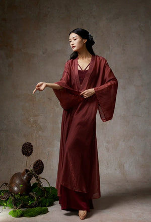Elegant Wine Red Sheer Tencel Cardigan – Flowing Classical Dance Performance Outfit - Yandan_Hanfu