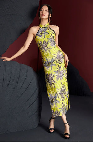 Jacquard gold yellow dyed bamboo sleeveless medium and long cheongsam - Yandan_Hanfu