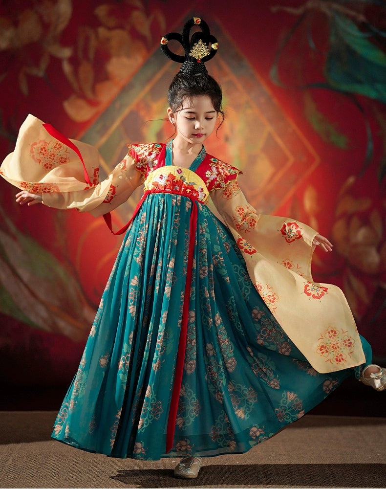Flowing Girls Ancient Hanfu with wide sleeves and floral prints, inspired by Tang dynasty fashion for seasonal cultural wear.