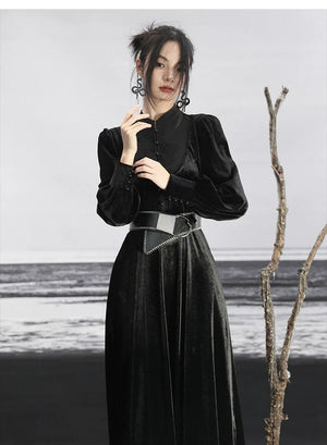 New Chinese Style | Black Lace Dress Women's Stand-up Collar Waist Slimming Long Skirt - Yandan_Hanfu