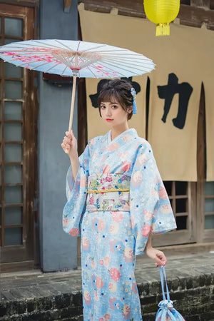 Light blue flower, cute girly style kimono yukata, gentle Japanese modified women's kimono dress - Yandan_Hanfu