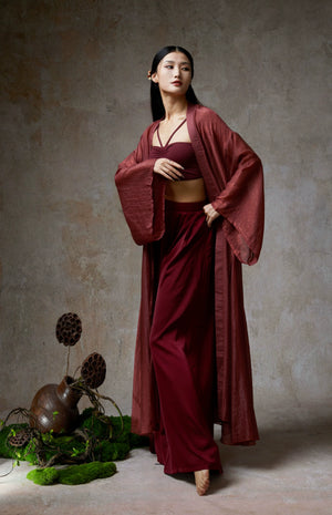 Yandan_Hanfu complete wine red tencel dance set (cardigan, crop top, pants), model, studio