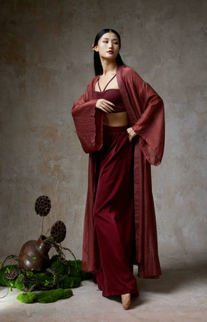 Elegant Wine Red Sheer Tencel Cardigan – Flowing Classical Dance Performance Outfit - Yandan_Hanfu