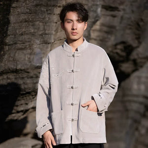 New Chinese Tang style men's button top autumn and winter coat golden velvet - Yandan_Hanfu