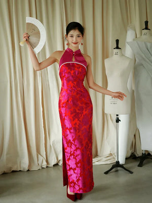 "Chuni" dragon fruit color jacquard cheongsam bride - Yandan_Hanfu