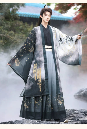 Golden Steps – Ink Bamboo & Butterfly Traditional Hanfu | Unisex Wei-Jin & Song Style Cross-Collar Wide-Sleeve Set - Yandan_Hanfu