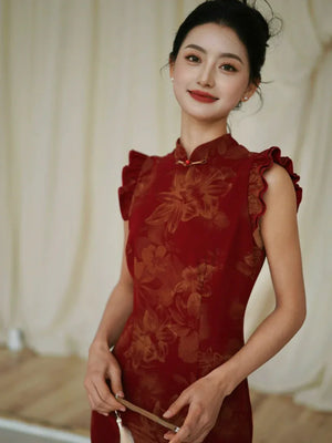 Lotus Step – Red Mermaid Qipao for Wedding, Engagement & Tea Ceremony - Yandan_Hanfu
