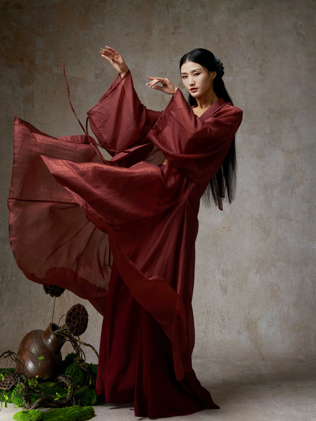 Elegant Wine Red Sheer Tencel Cardigan – Flowing Classical Dance Performance Outfit