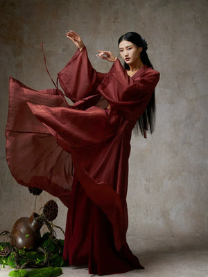 Elegant Wine Red Sheer Tencel Cardigan – Flowing Classical Dance Performance Outfit - Yandan_Hanfu