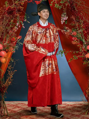 Ming-Dynasty wedding clothes round neck robe men's stand-up collar large-sleeved jacket Xiacheng horse face skirt women's Hanfu - Yandan_Hanfu