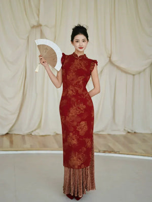 Lotus Step – Red Mermaid Qipao for Wedding, Engagement & Tea Ceremony - Yandan_Hanfu