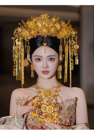 Bride Golden Curtain Flower Happy Chinese Wedding Show Headdress Hair Accessories - Yandan_Hanfu