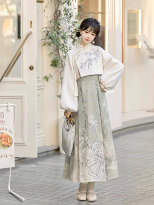 Elegant Hanfu dress set by Lixiang with long sleeves and pastel green skirt, showcasing new Chinese fashion elements for women.