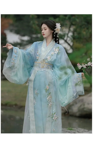 Blue Pear Blossom Moonlight – Traditional Hanfu Robe with Embroidered Jacquard Train - Yandan_Hanfu