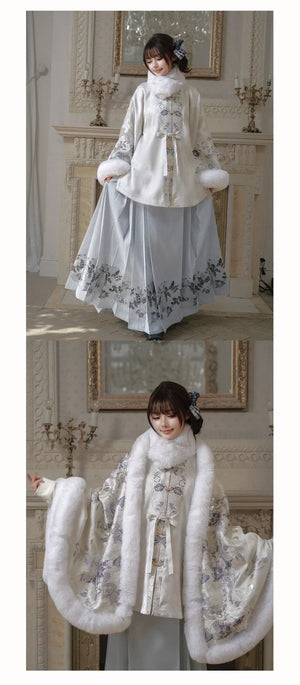 “Snowlit Clouds” – Winter Ming-Style Hanfu Set | Fur-Lined Cross-Front Jacket & Ma Mian Skirt - Yandan_Hanfu