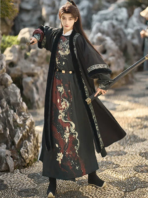 Golden Fish Over the Desert – Tang-Inspired Round Collar Hanfu Coat with Plush Fur Trim (Unisex Winter Set) - Yandan_Hanfu