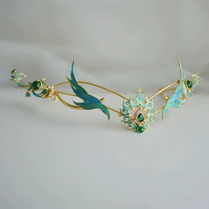 Song of the Peacock Plume – Gold-Plated Hanfu Headdress Set with Tassels & Crown Ornament - Yandan_Hanfu